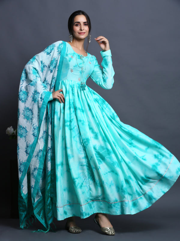 GREEN SHIBORI PRINT LONG DRESS