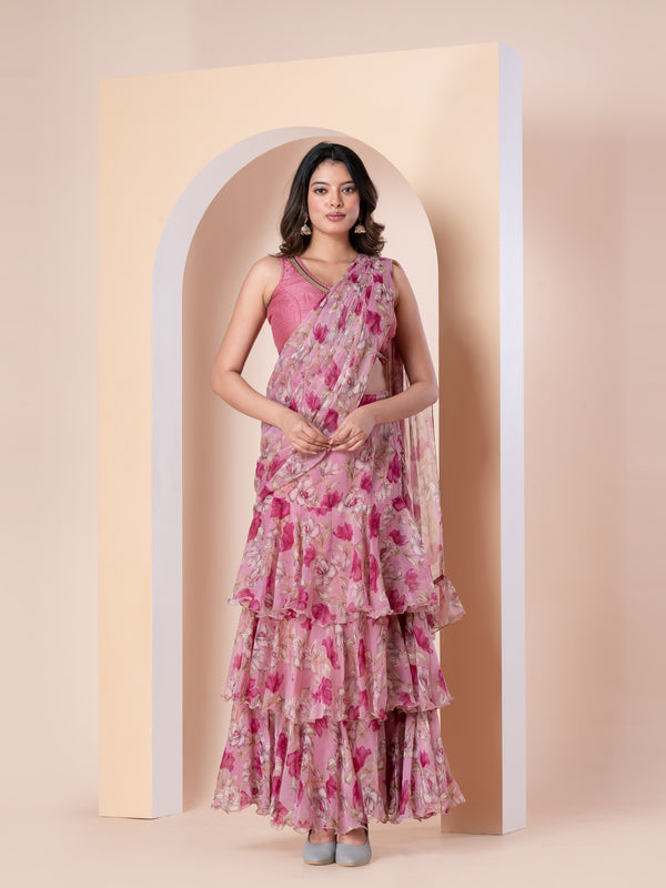 PINK FLORAL TIERED RUFFLE SAREE