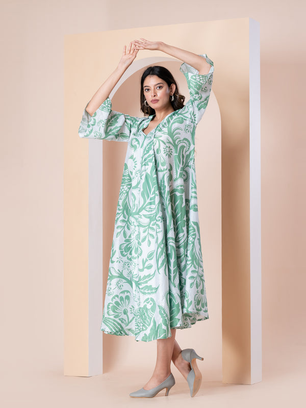 GREEN FLORAL PLEATED DRESS