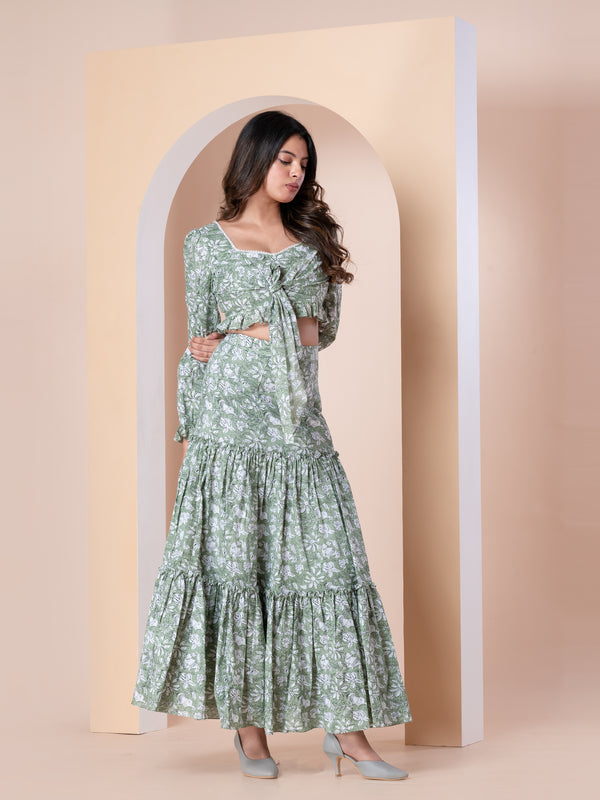 GREEN FLORAL PRINTED SKIRT CO-ORD SET