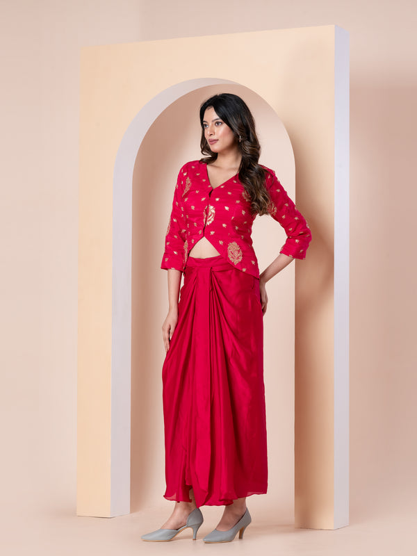 RED JACQUARD DRAPED SKIRT SET