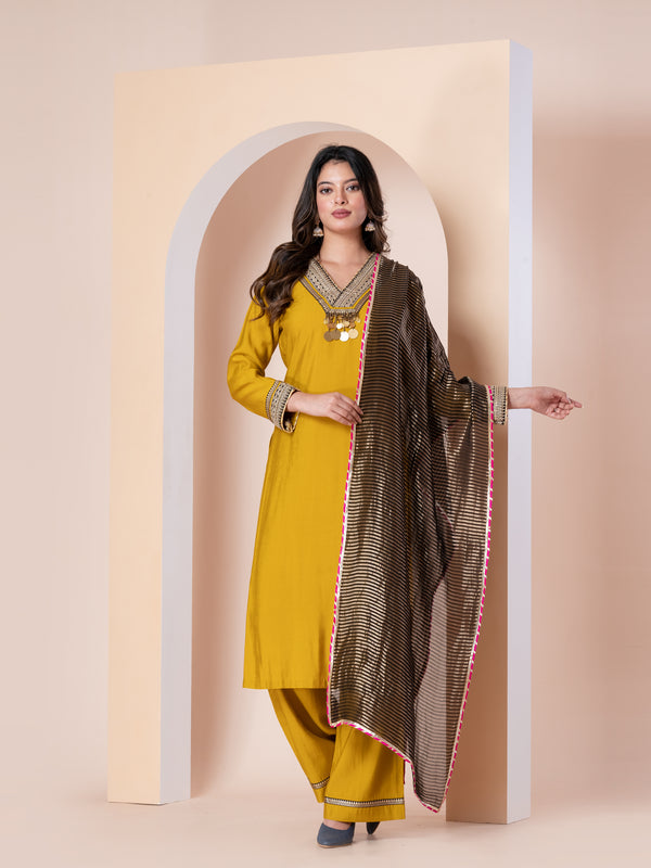MUSTARD STRAIGHT KURTA SET WITH ZARI DUPATTA