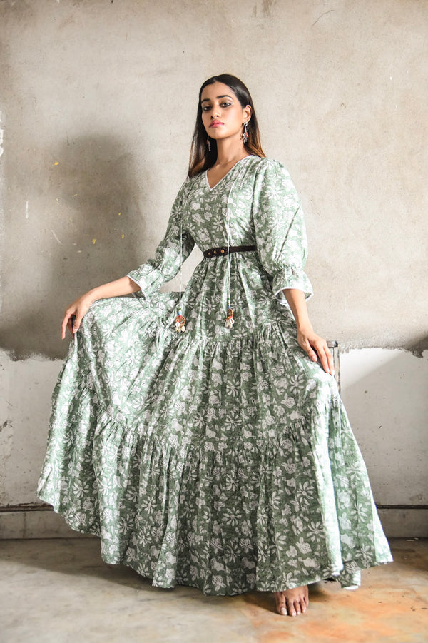 GREEN FLORAL TIERED COTTON DRESS