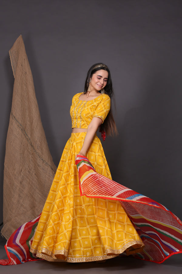 Bandhej Cotton Lehenga With Leheriya Dupatta