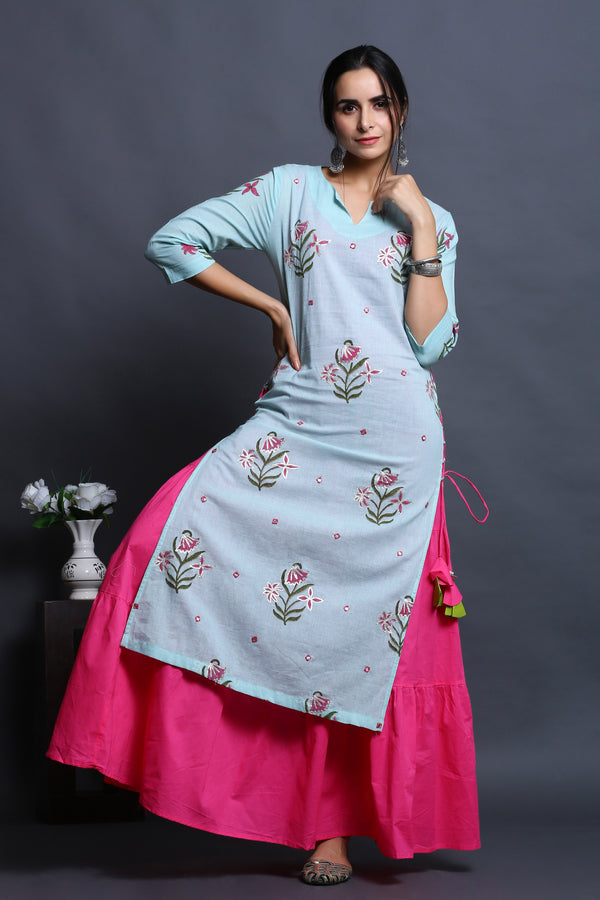 SKY BLUE HANDBLOCK KURTA SET