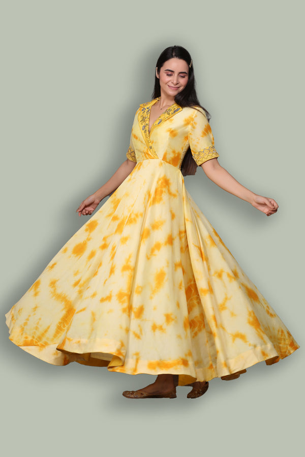 YELLOW SHIBORI LONG DRESS