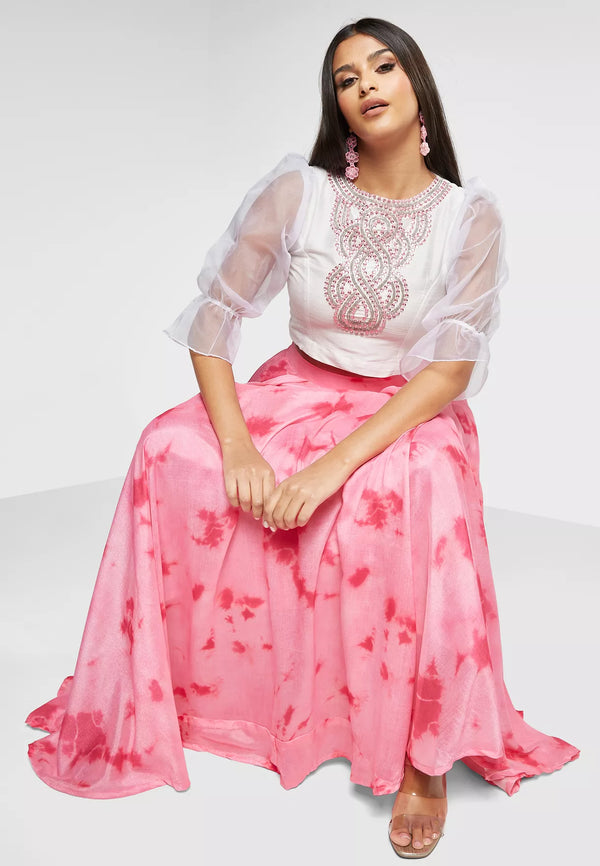 RHINESTONE EMBELLISHED TOP WITH PINK SHIBORI SKIRT