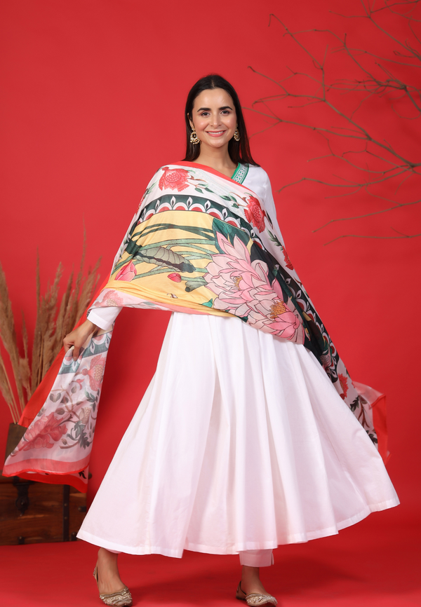 WHITE ANARKALI WITH FLORAL DUPATTA