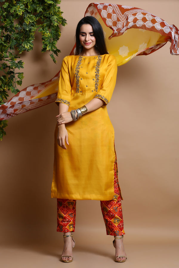 MUSTARD HAND EMBROIDERED KURTA & DUPATTA