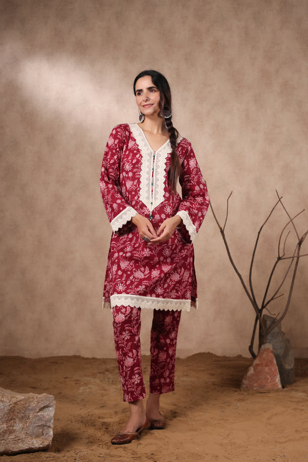 MAROON FLORAL PRINT KURTA SET