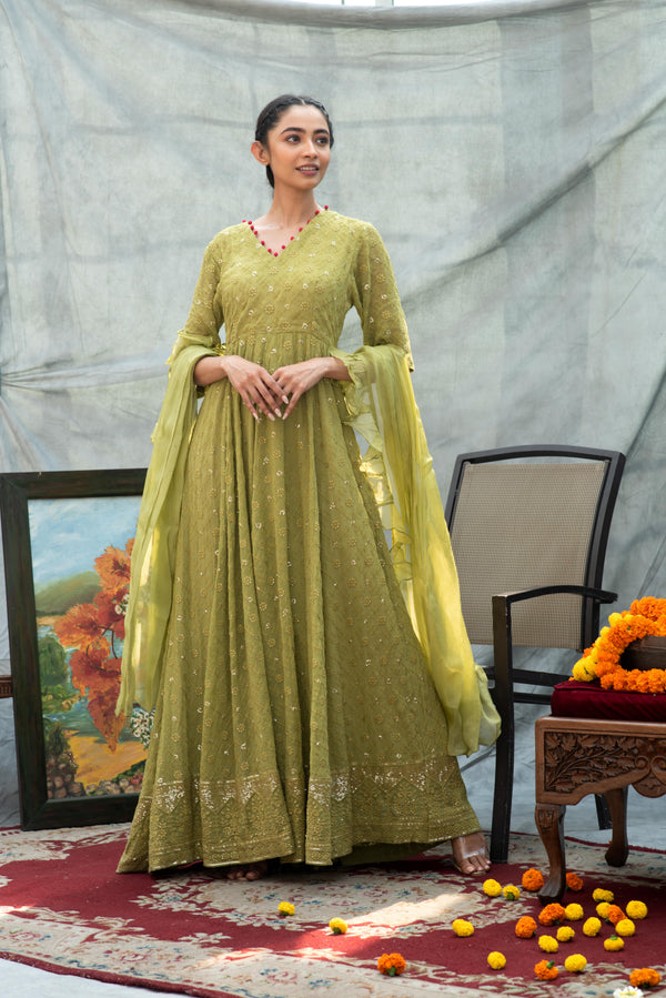 GREEN CHIKANKARI ANARKALI WITH FRILL DUPATTA