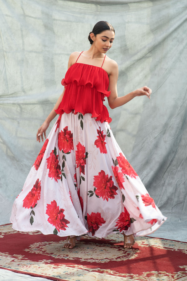 RED FRILLED TOP WITH FLORAL SKIRT