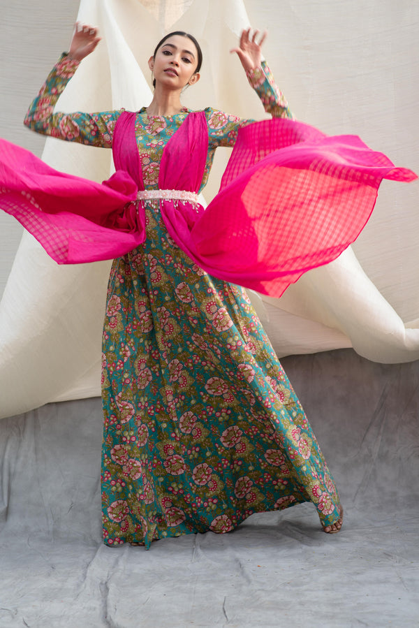 FLORAL DRESS WITH ATTACHED PINK DUPATTA