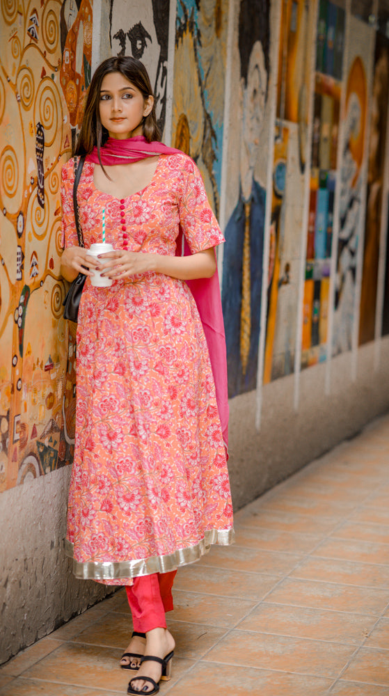 PEACH FLORAL COTTON ANARKALI SET