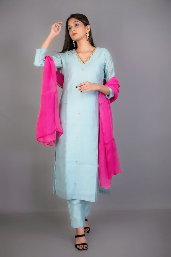 SKY BLUE HANDWORK STRAIGHT KURTA SET