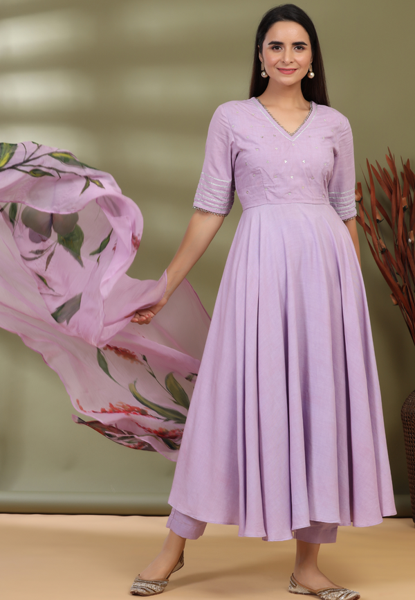 LILAC ANARKALI WITH HAND PAINTED DUPATTA