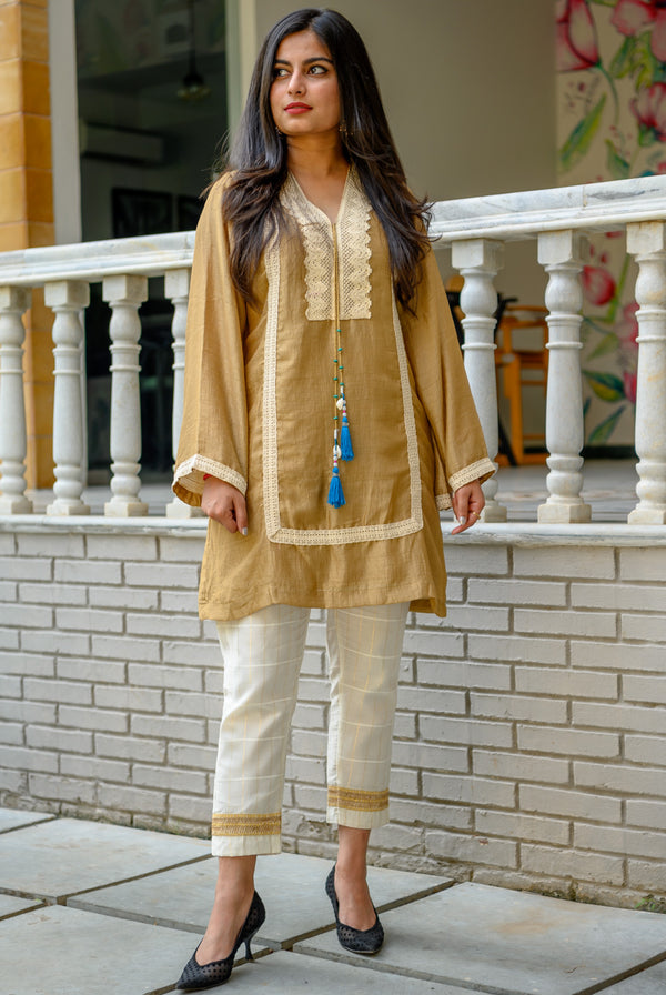 SAND KURTI WITH WHITE PANTS