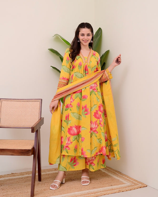 YELLOW LOTUS PRINT SUIT SET