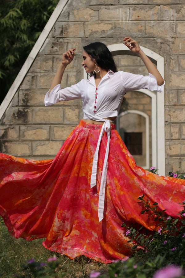 MULTI COLOR SKIRT WITH WHITE EMBROIDERED SHIRT