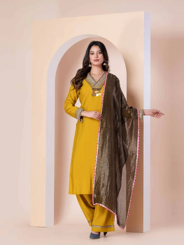 Mustard Kurta Set With Zari Dupatta