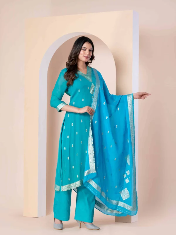 Teal Jacquard Organza Suit Set