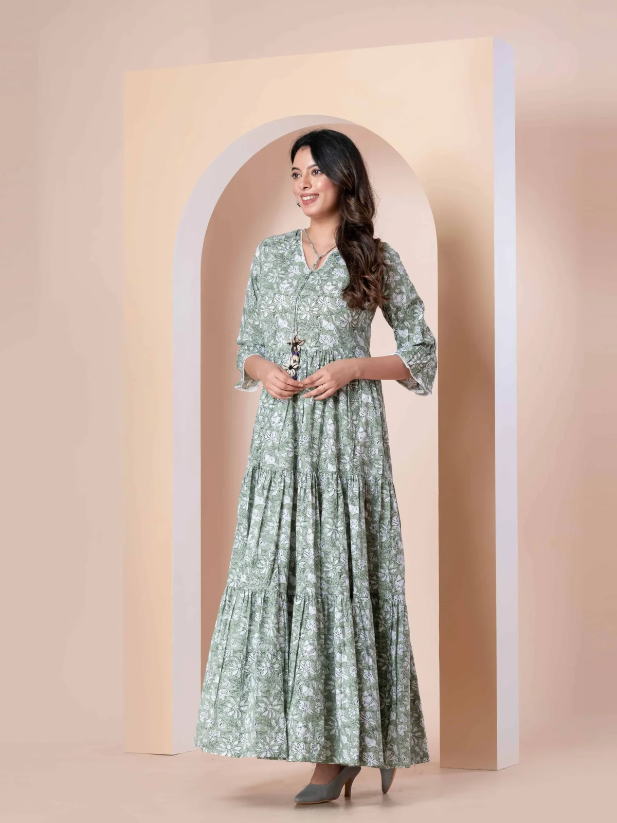 Green Floral Printed Long Dress