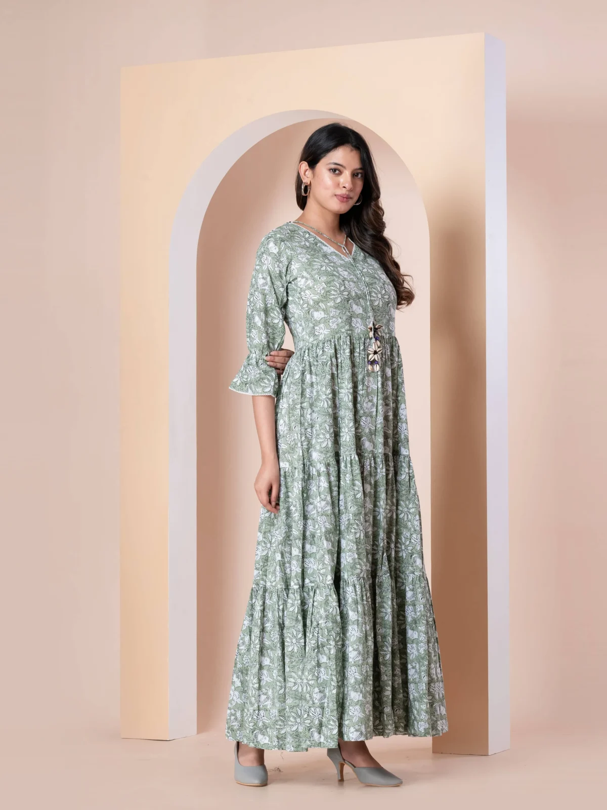 Green Floral Printed Long Dress