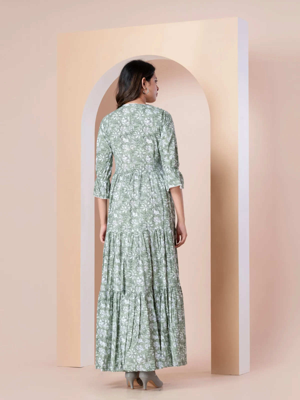 Green Floral Printed Long Dress