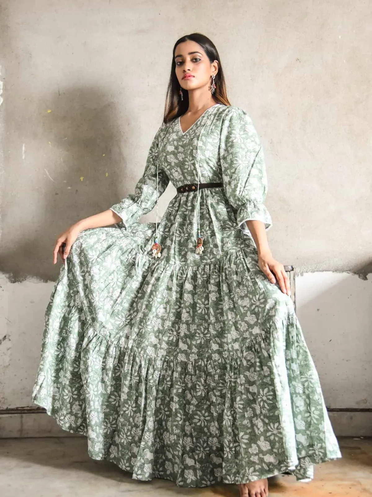 Green Floral Printed Long Dress