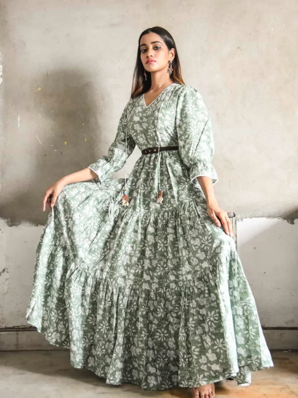 Green Floral Printed Long Dress