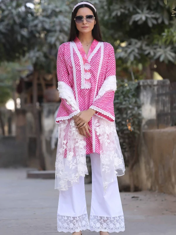 Pink Laced Kurta And Pant With Net Dupatta