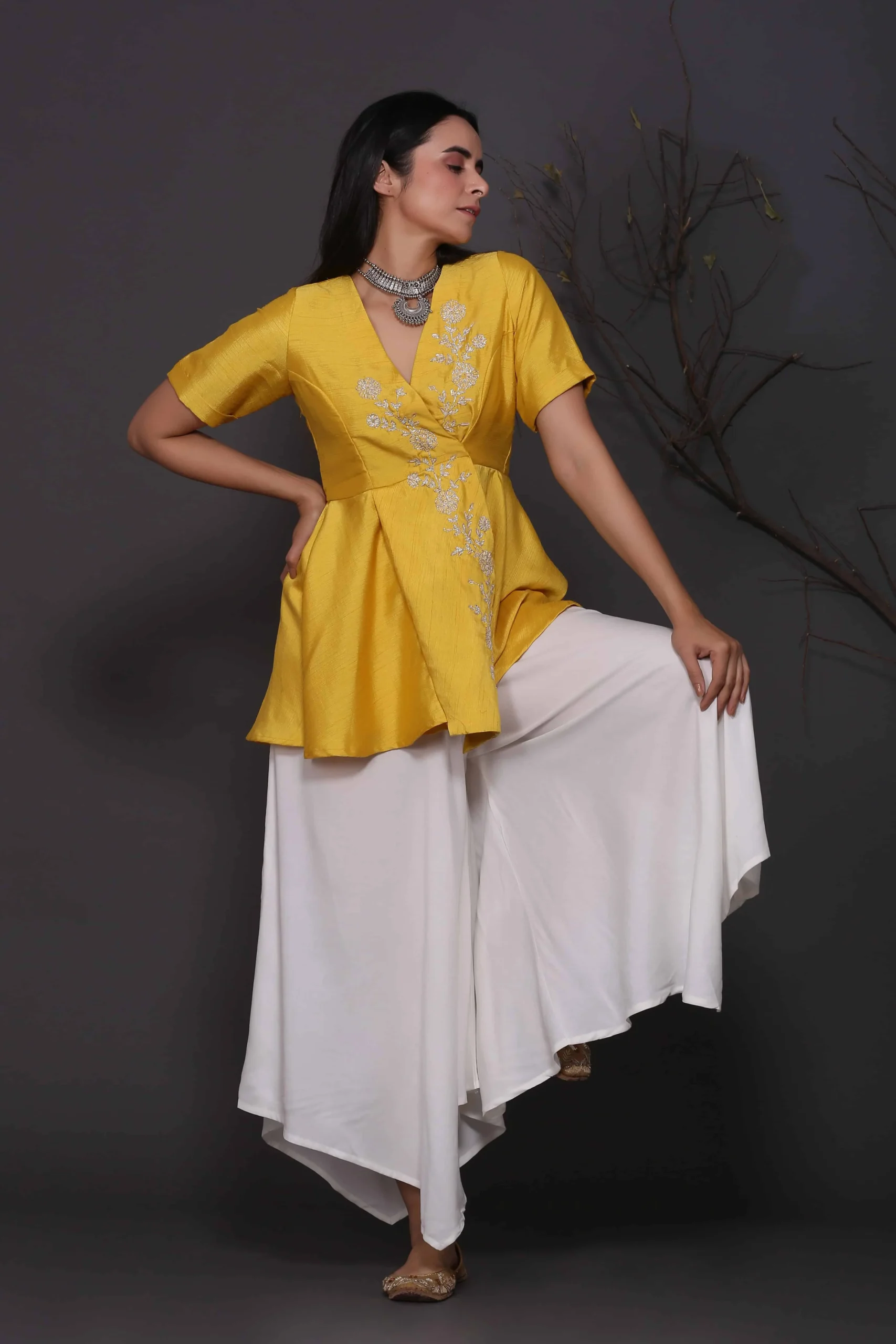 Yellow Peplum Top With Assymetrical Pants