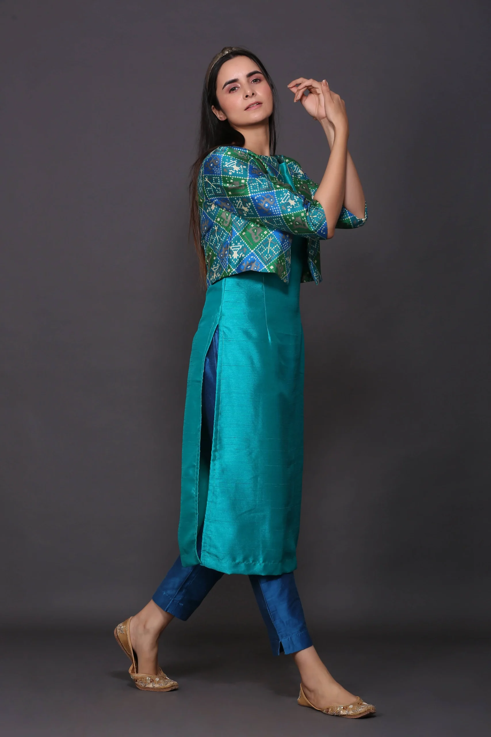 Blue Kurta Set With Patola Jacket