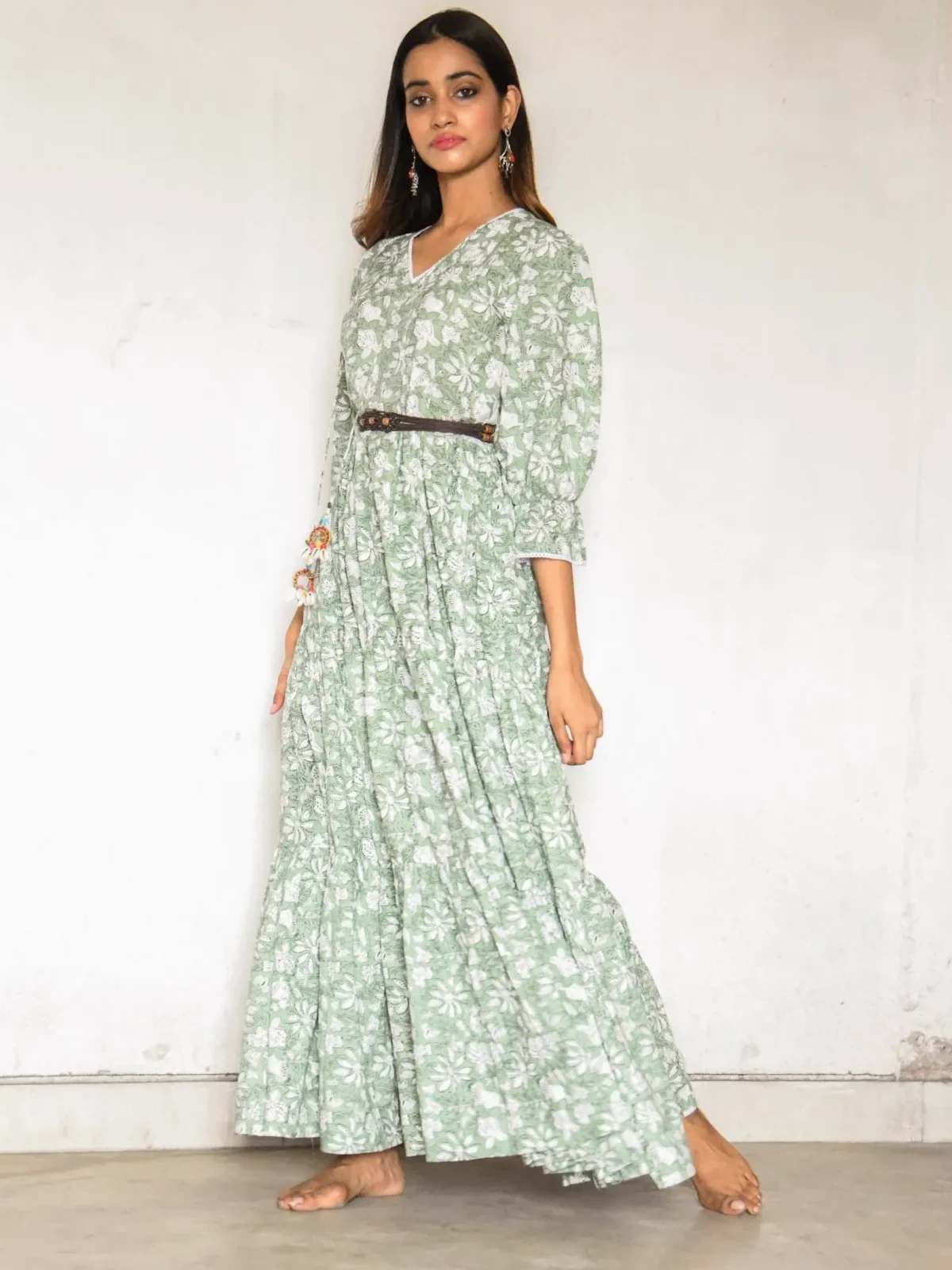 Green Floral Printed Long Dress