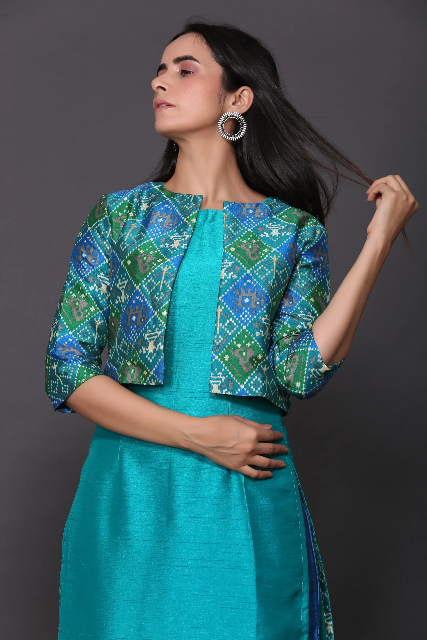Blue Kurta Set With Patola Jacket