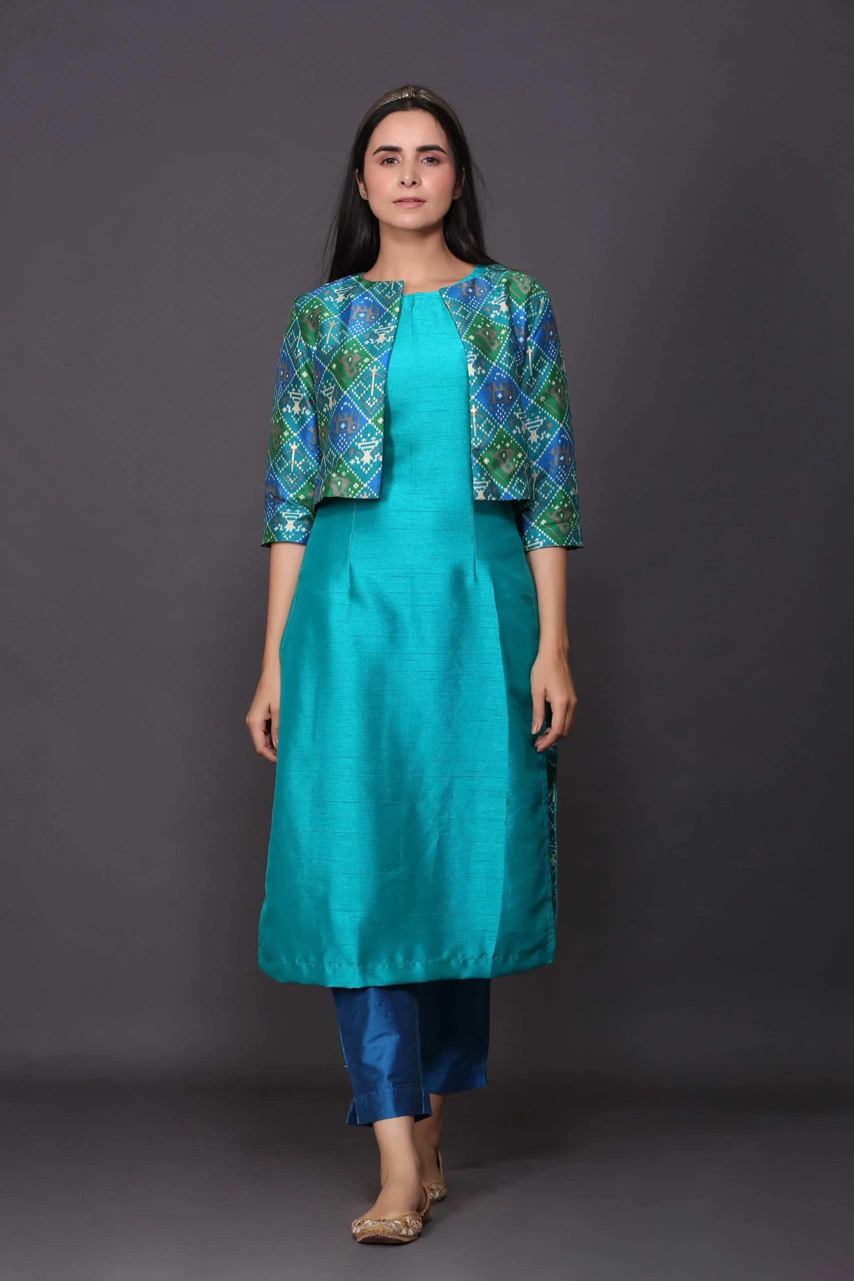 Blue Kurta Set With Patola Jacket