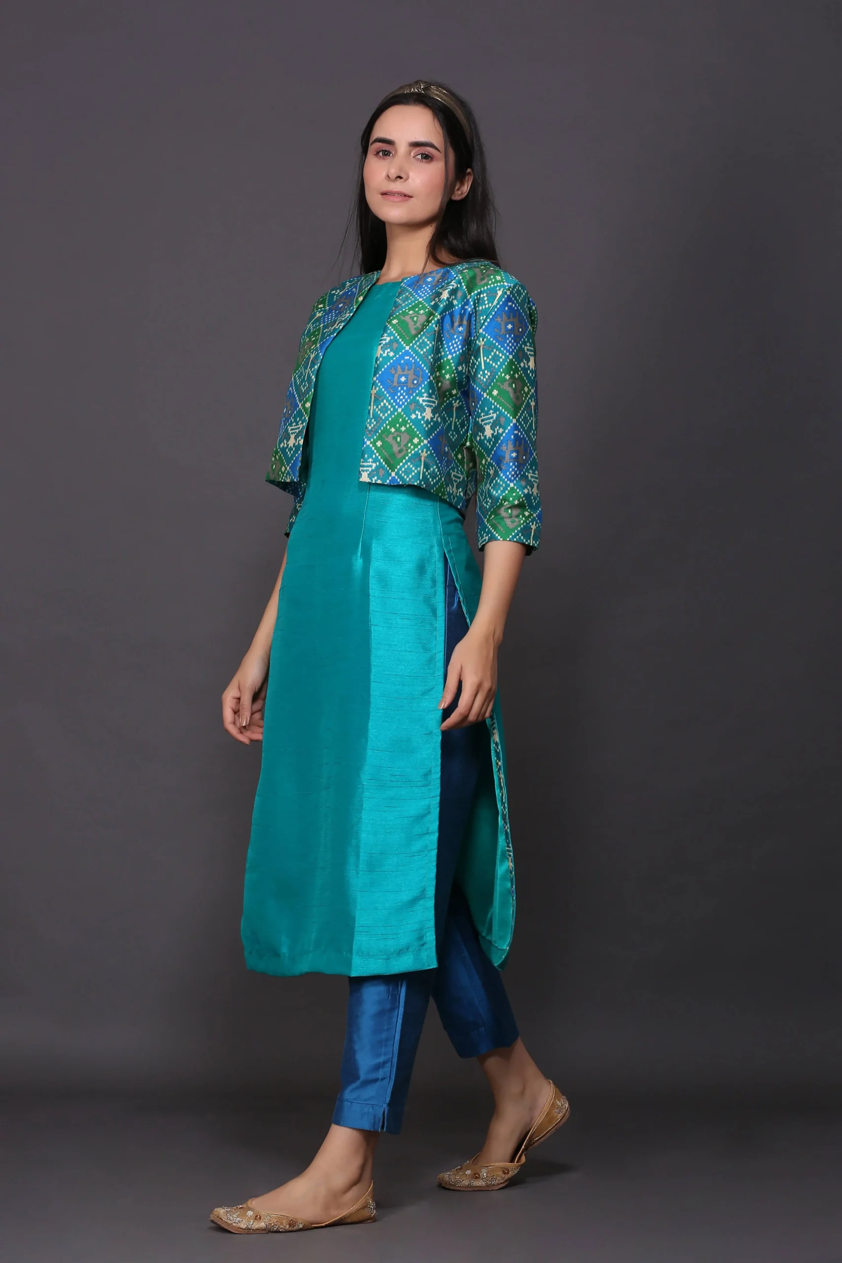 Blue Kurta Set With Patola Jacket