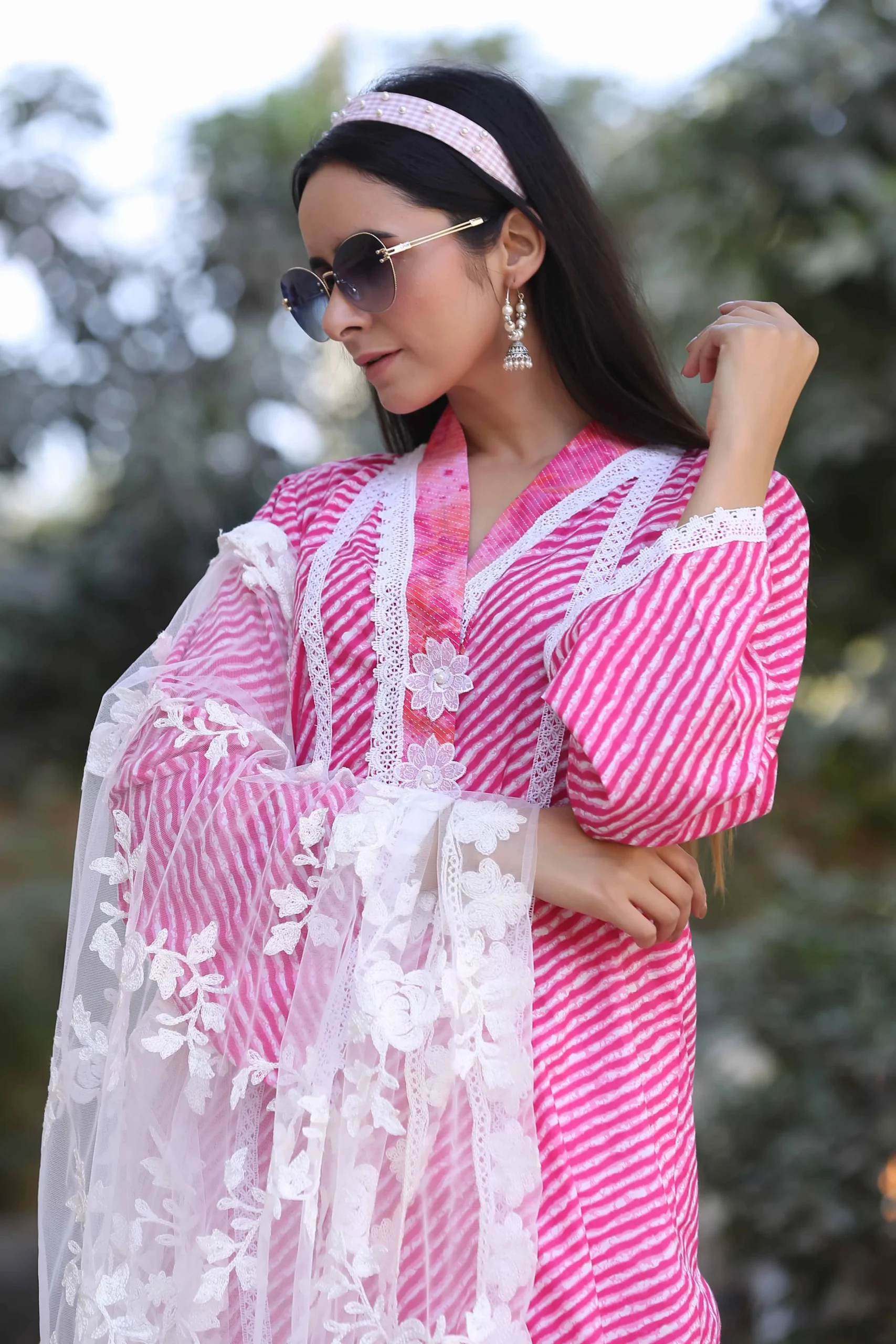 Pink Laced Kurta And Pant With Net Dupatta