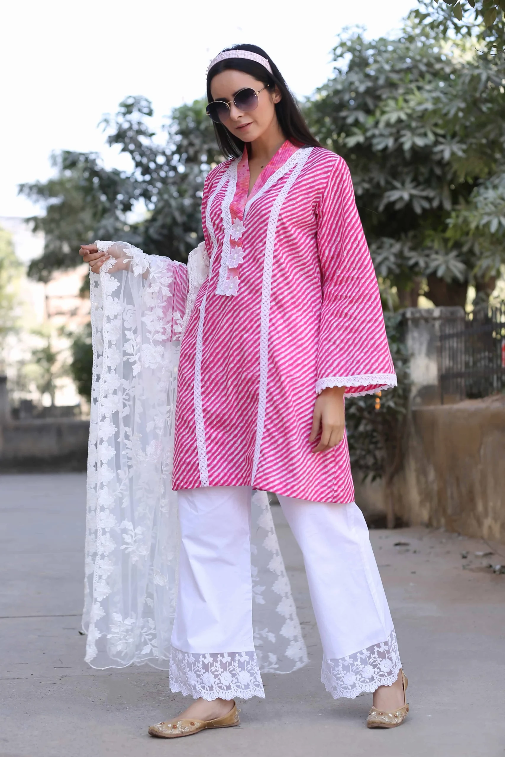 Pink Laced Kurta And Pant With Net Dupatta