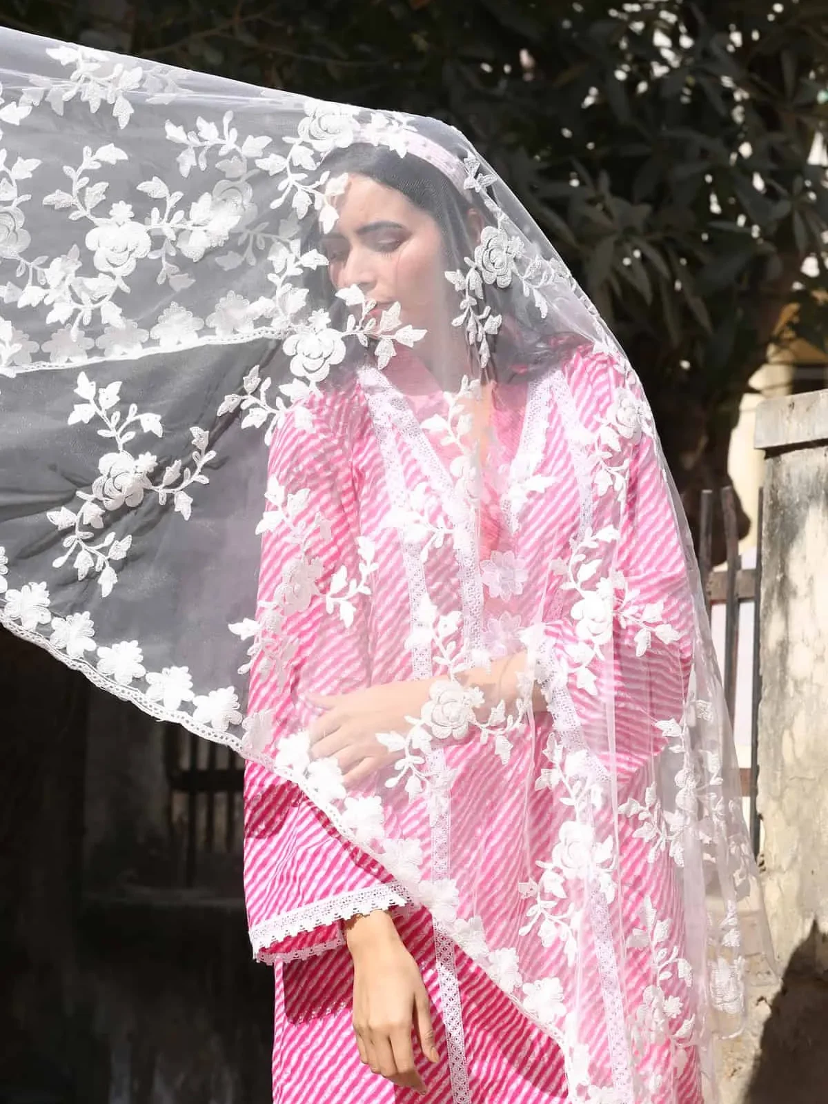 Pink Laced Kurta And Pant With Net Dupatta