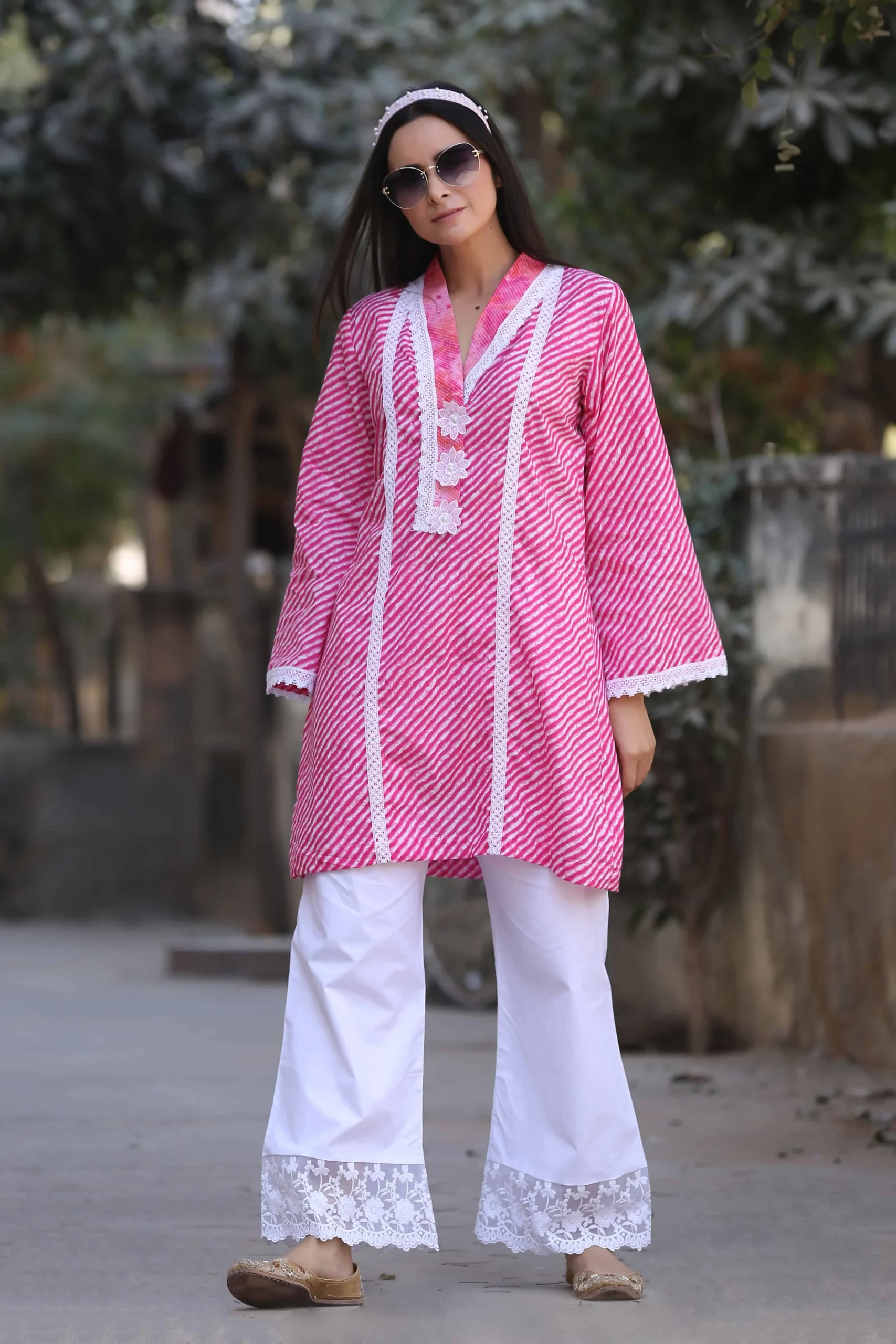 Pink Laced Kurta And Pant With Net Dupatta