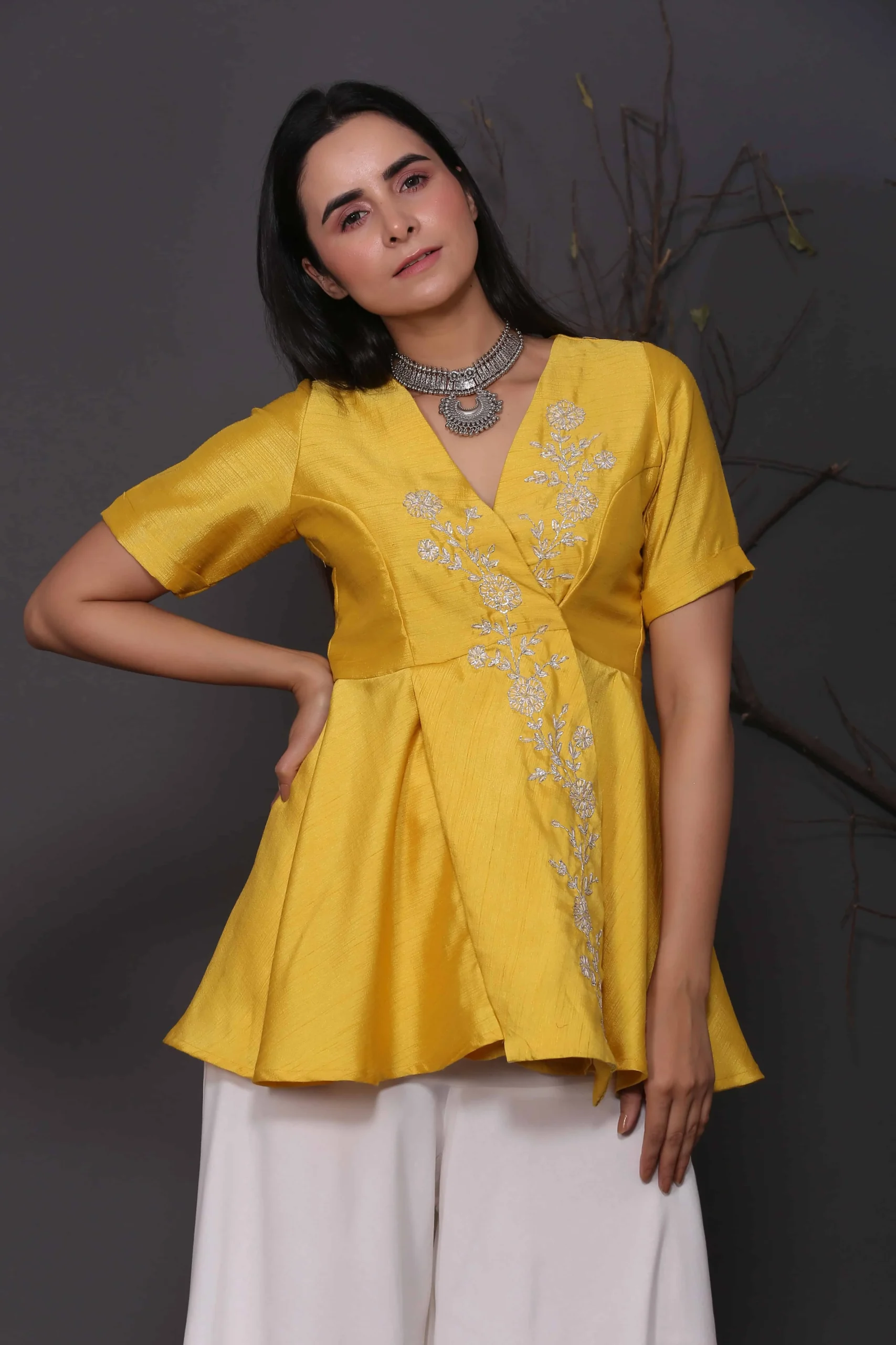 Yellow Peplum Top With Assymetrical Pants