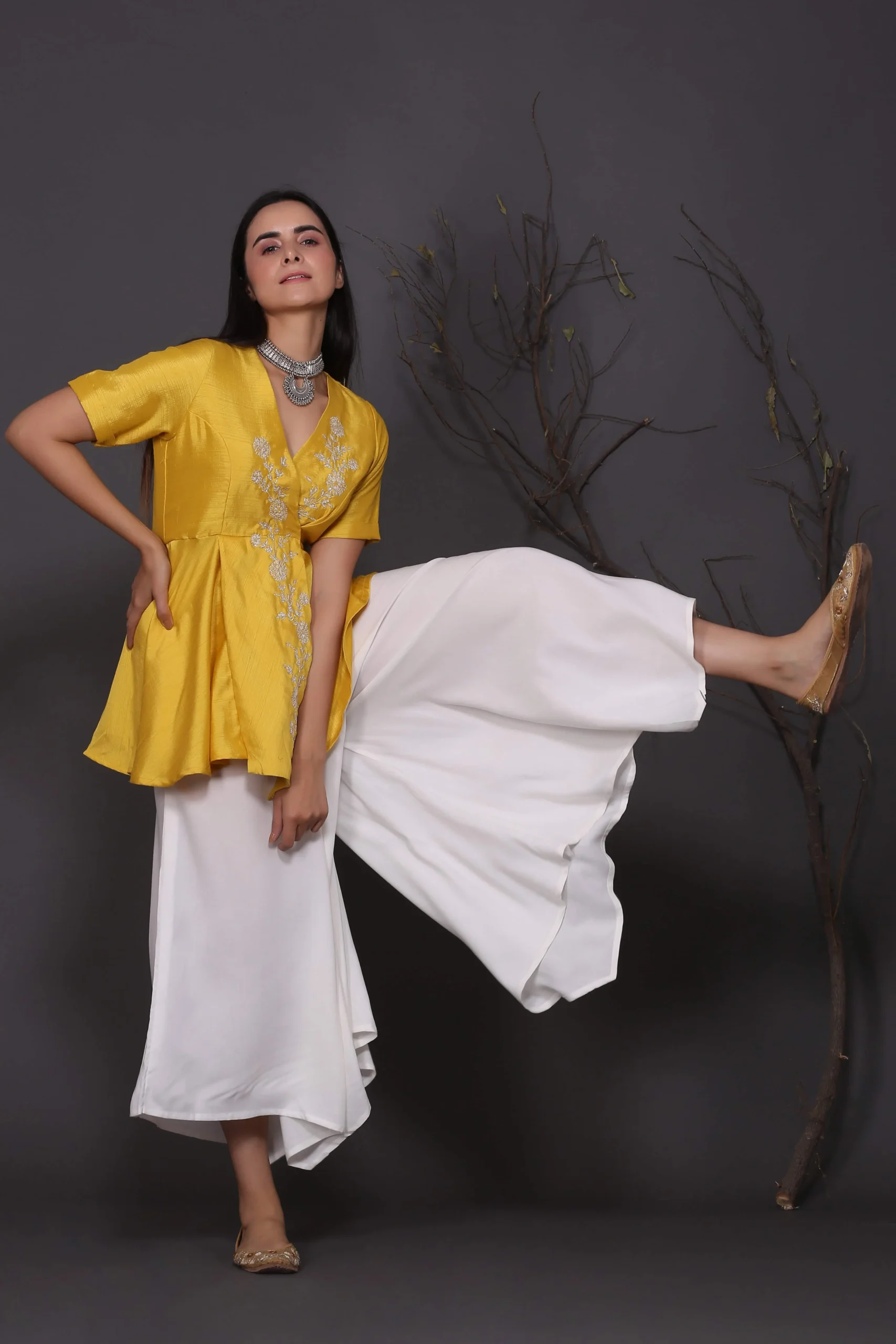 Yellow Peplum Top With Assymetrical Pants