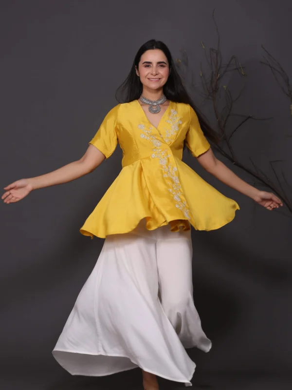 Yellow Peplum Top With Assymetrical Pants