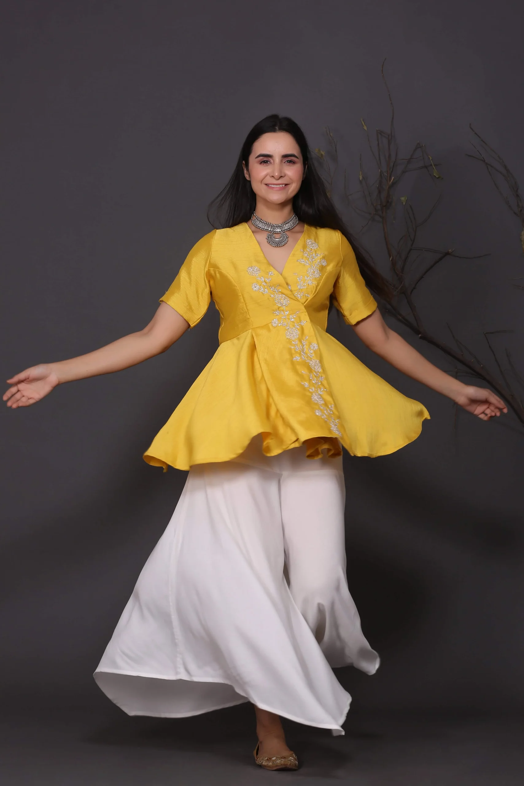 Yellow Peplum Top With Assymetrical Pants