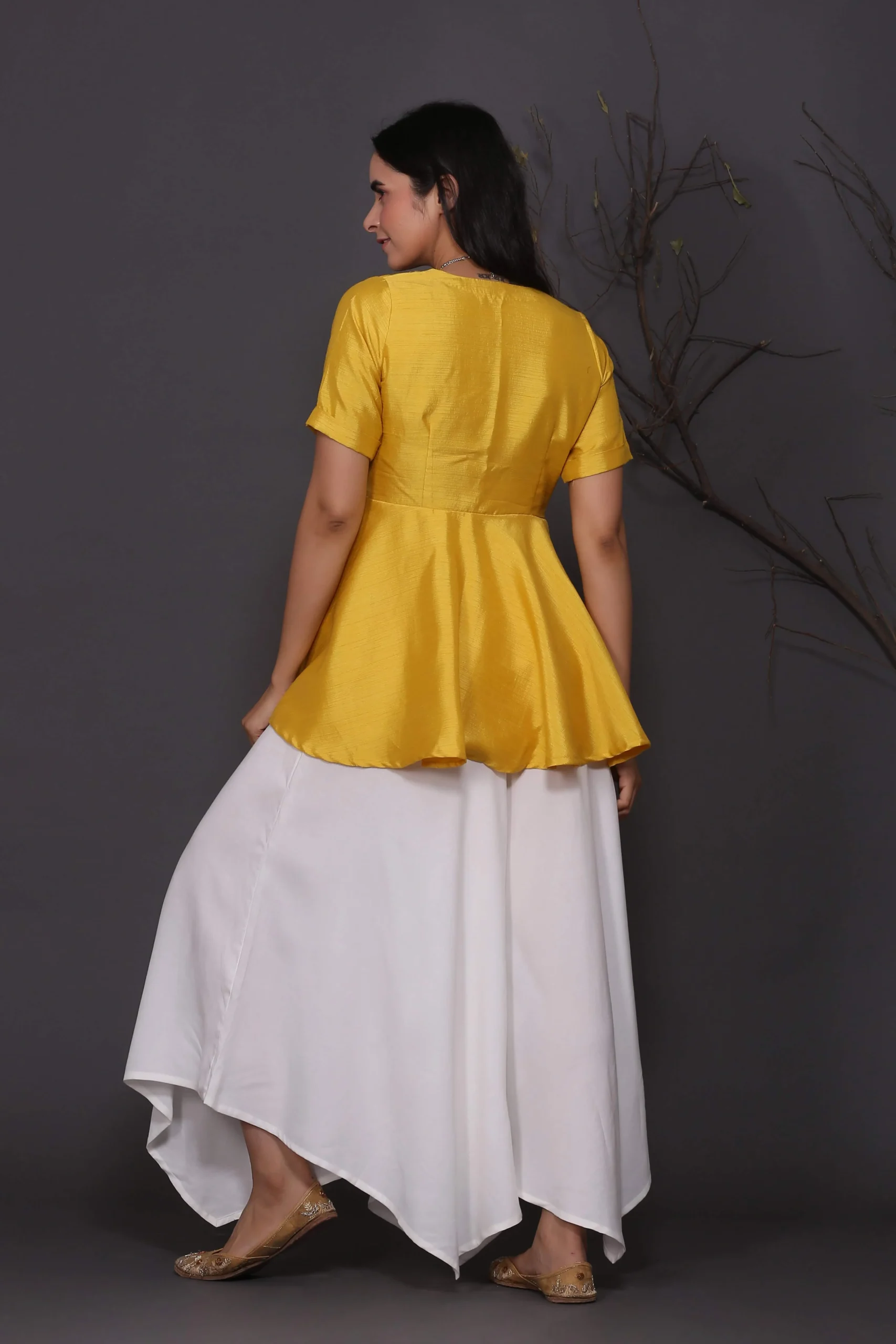 Yellow Peplum Top With Assymetrical Pants