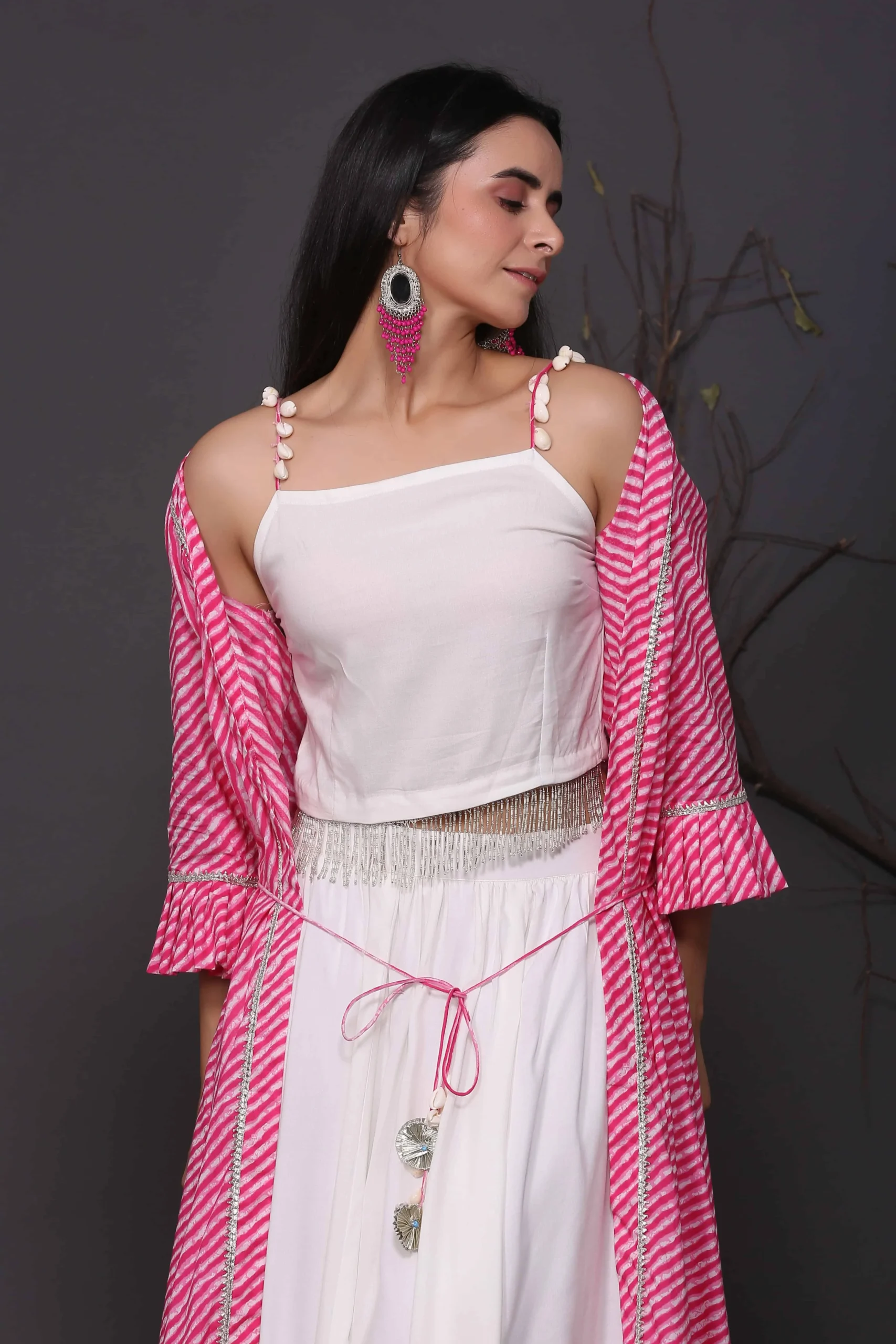 White Skirt And Top With Pink Shrug