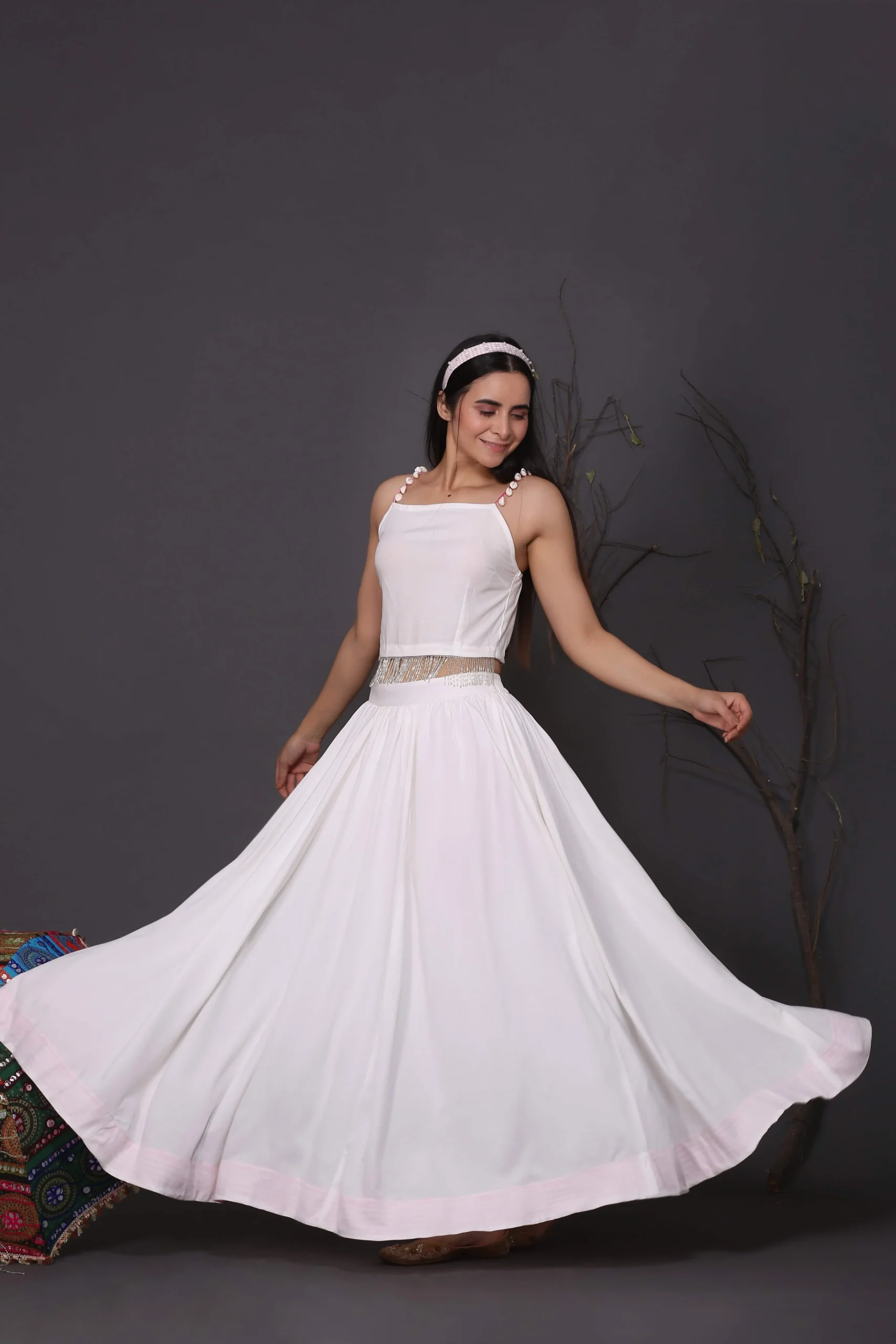White Skirt And Top With Pink Shrug