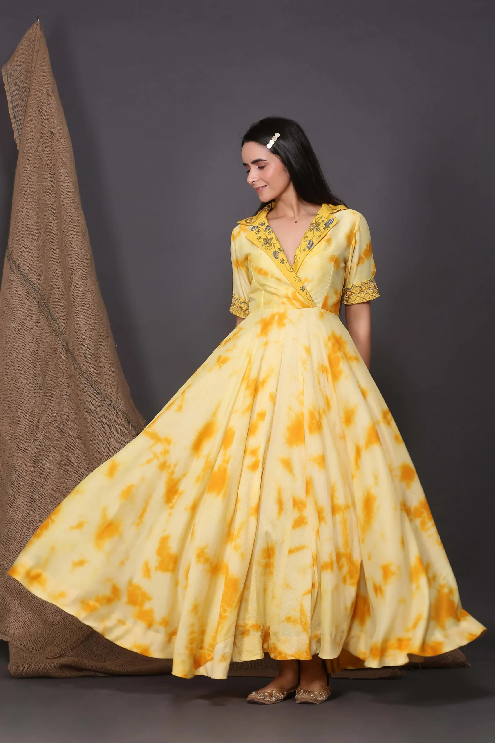Yellow Collared Embroidered Dress