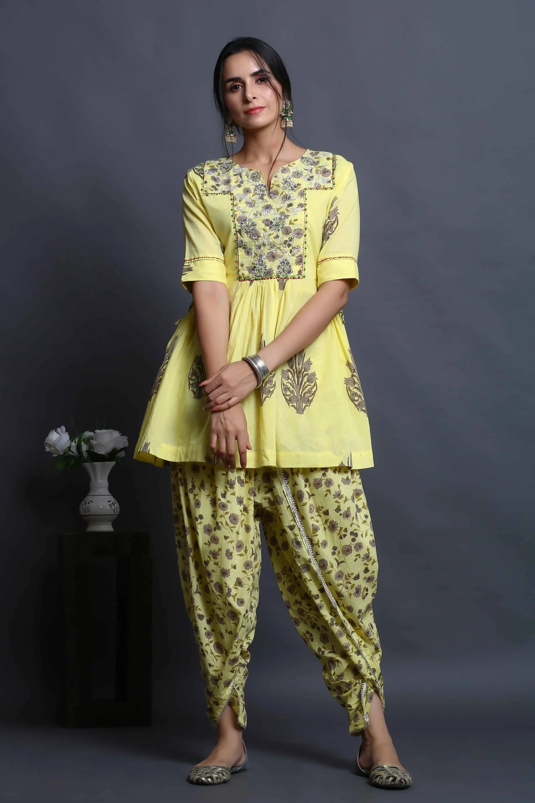 Yellow Block Print Dhoti Set